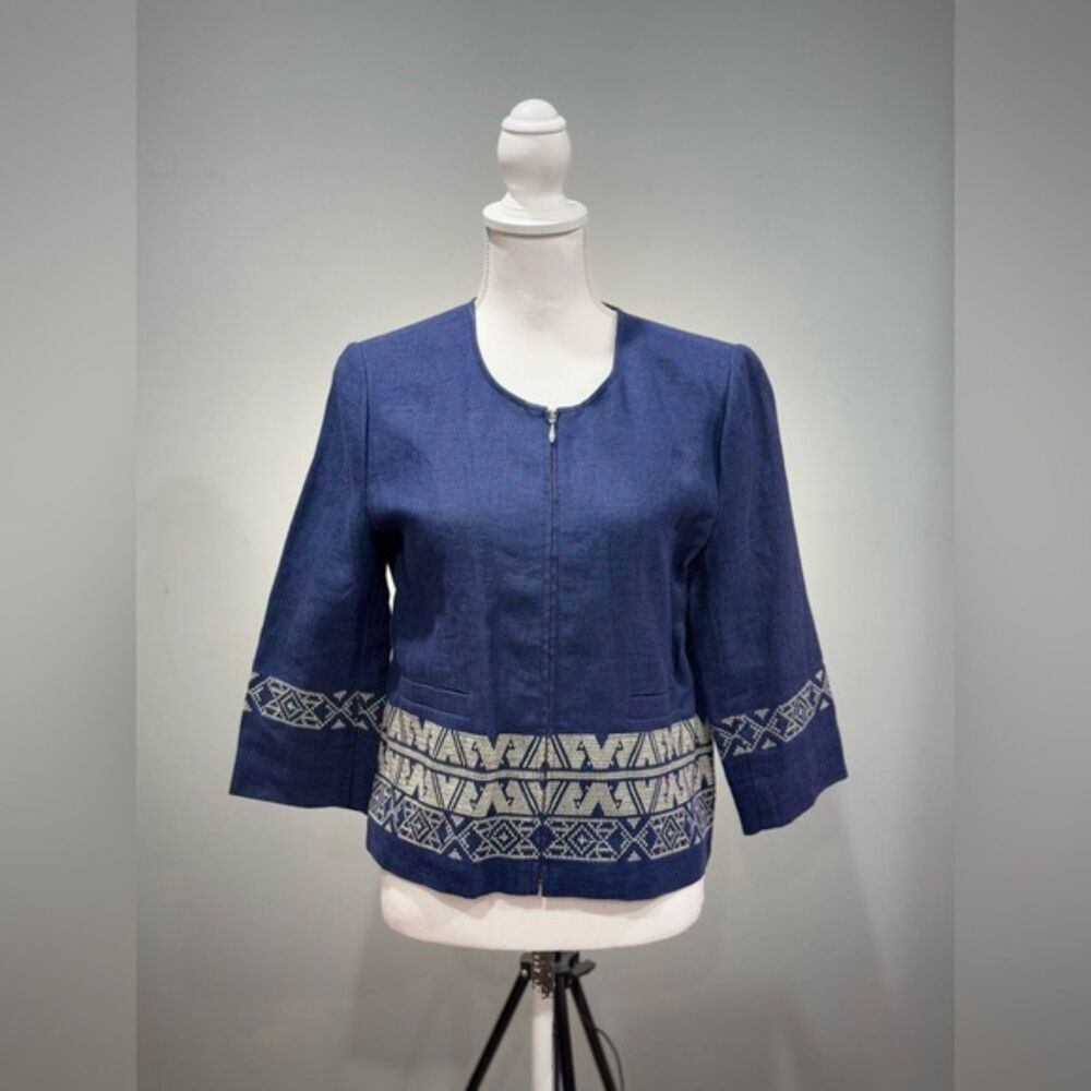 CLEAROUT! Blue Pendleton Aztec Trim Zip-Up Linen Blazer Size MP EUC